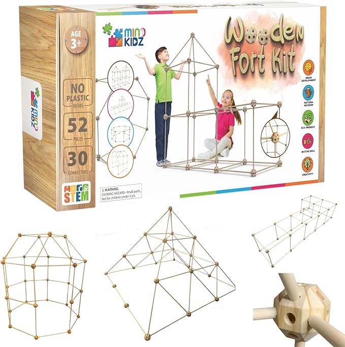 MIND KIDZ Eco Wooden Fort Building Kit – 82-Piece Montessori STEM Set (Ages 3–9)