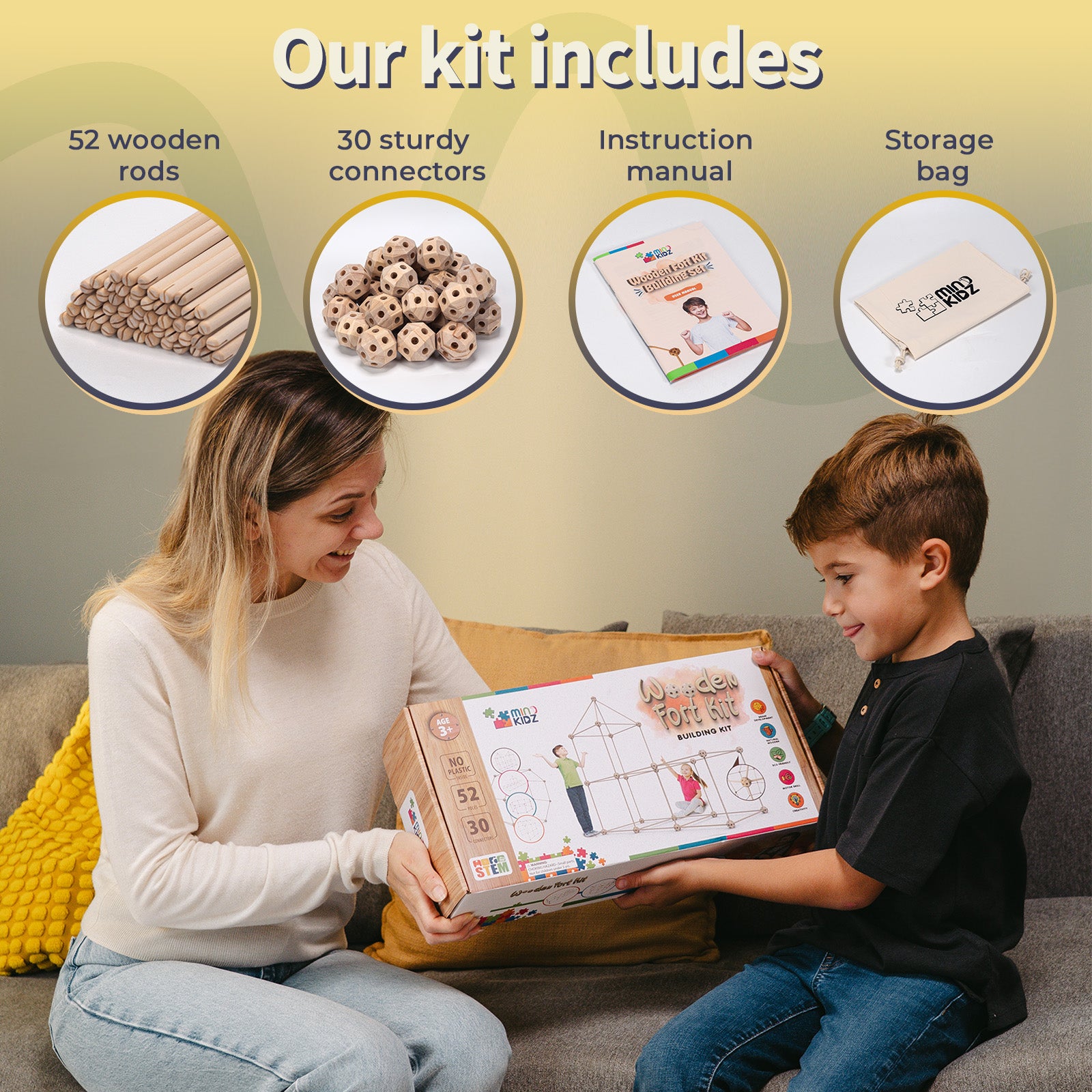 Wooden Fort Building Kit for Kids - STEM Montessori construction toy - 52 rods & 30 spheres (Ages +4)